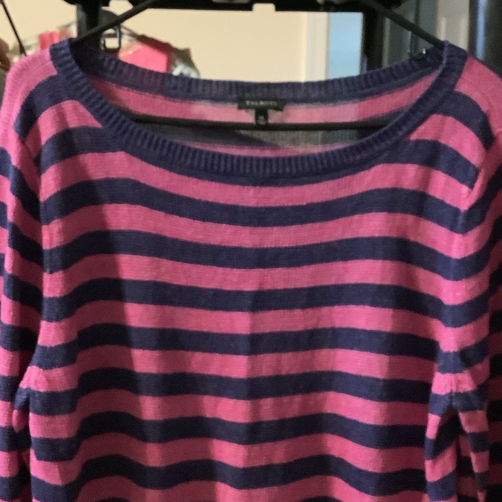 Talbots Vibrant Pink and Navy Striped Sweater, Linen, XL - Picture 3 of 9